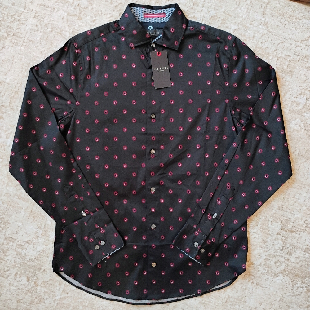 NWT S Ted Baker London Soren LS Daisy Print Black Button Down Dress Shirt NEW